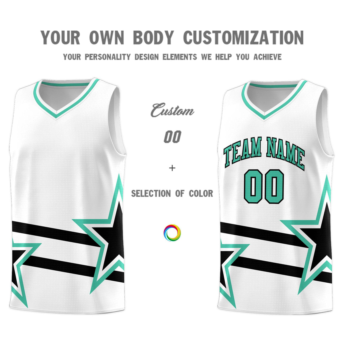 Custom White Basketball Kits With Bright Green Star Pattern And Double Lines