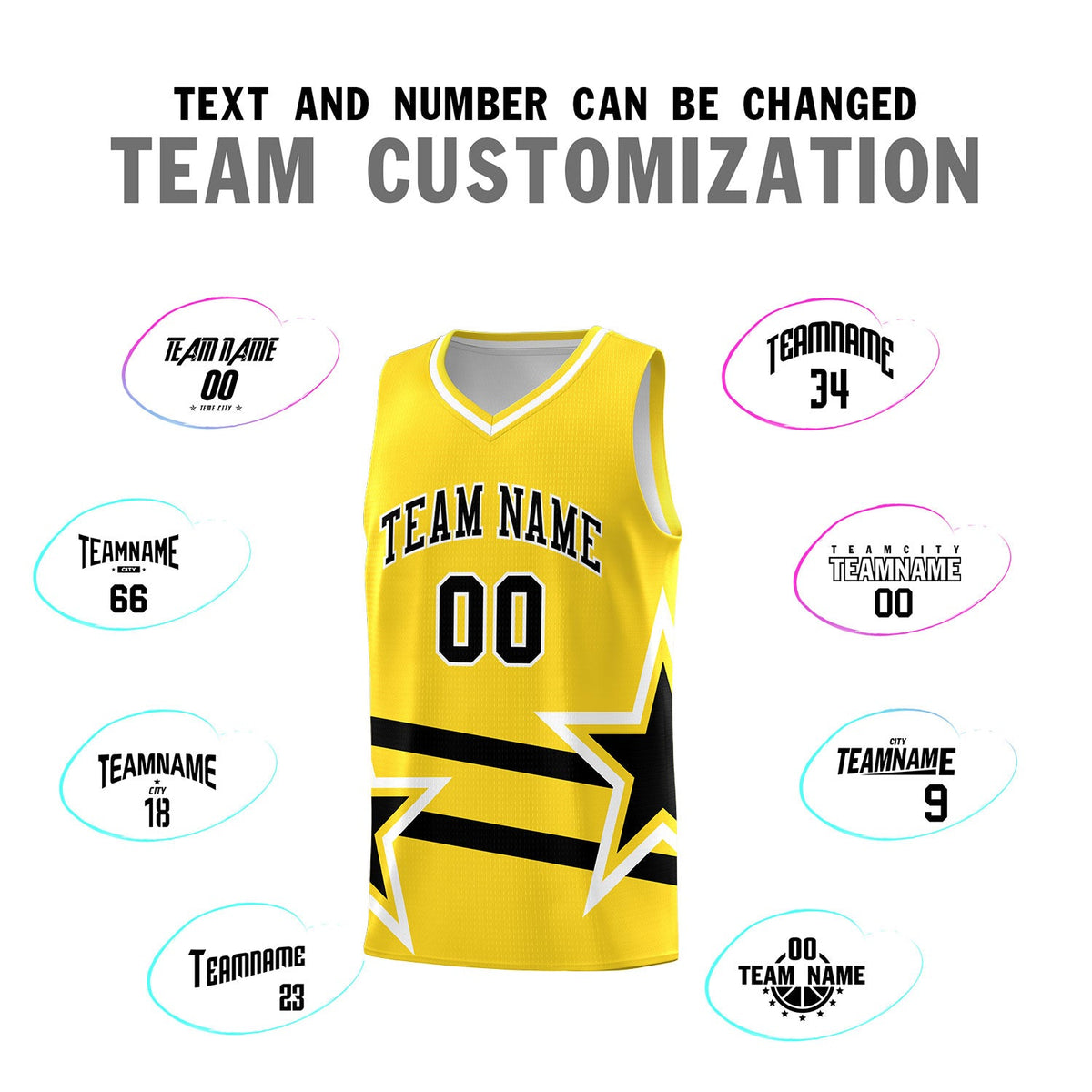 Custom Gold Basketball Kits With Black Star Pattern And Double Lines