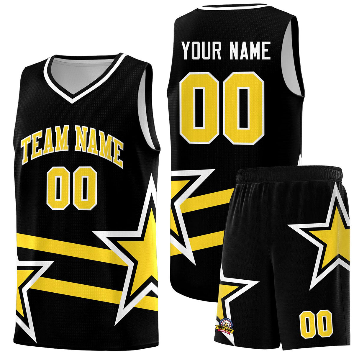 Custom Black Basketball Kits With Gold Star Pattern And Double Lines