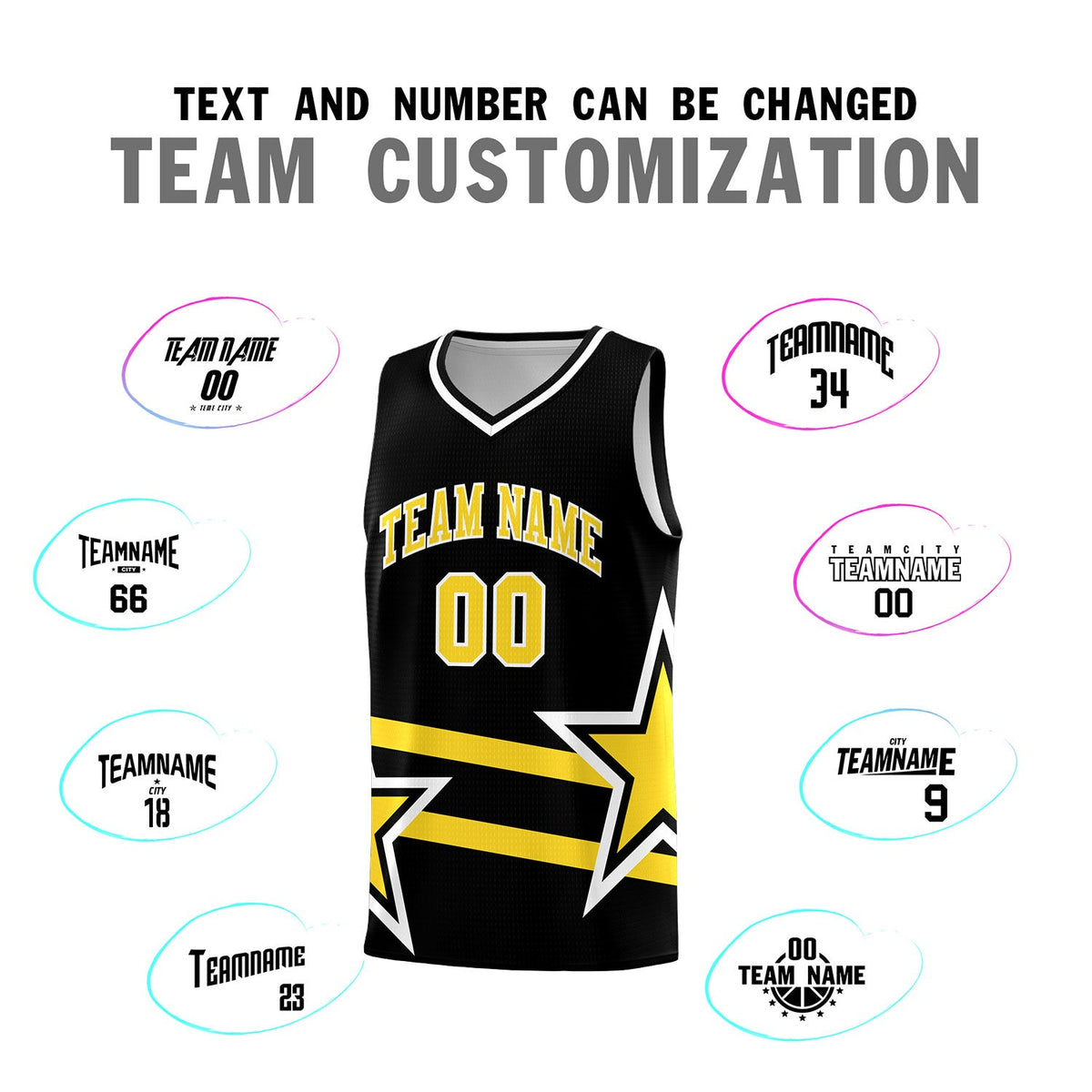 Custom Black Basketball Kits With Gold Star Pattern And Double Lines