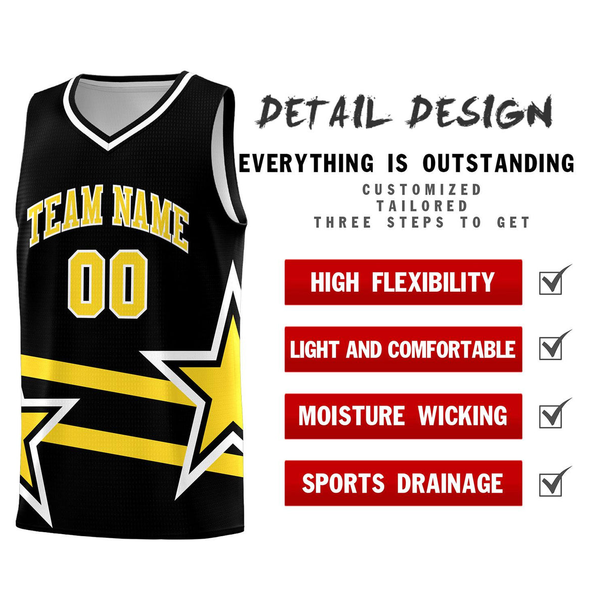Custom Black Basketball Kits With Gold Star Pattern And Double Lines