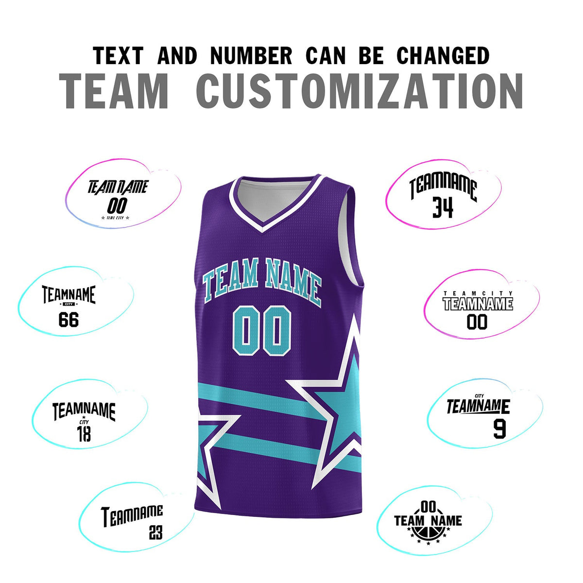 Custom Purple Basketball Kits With Sky Blue Star Pattern And Double Lines