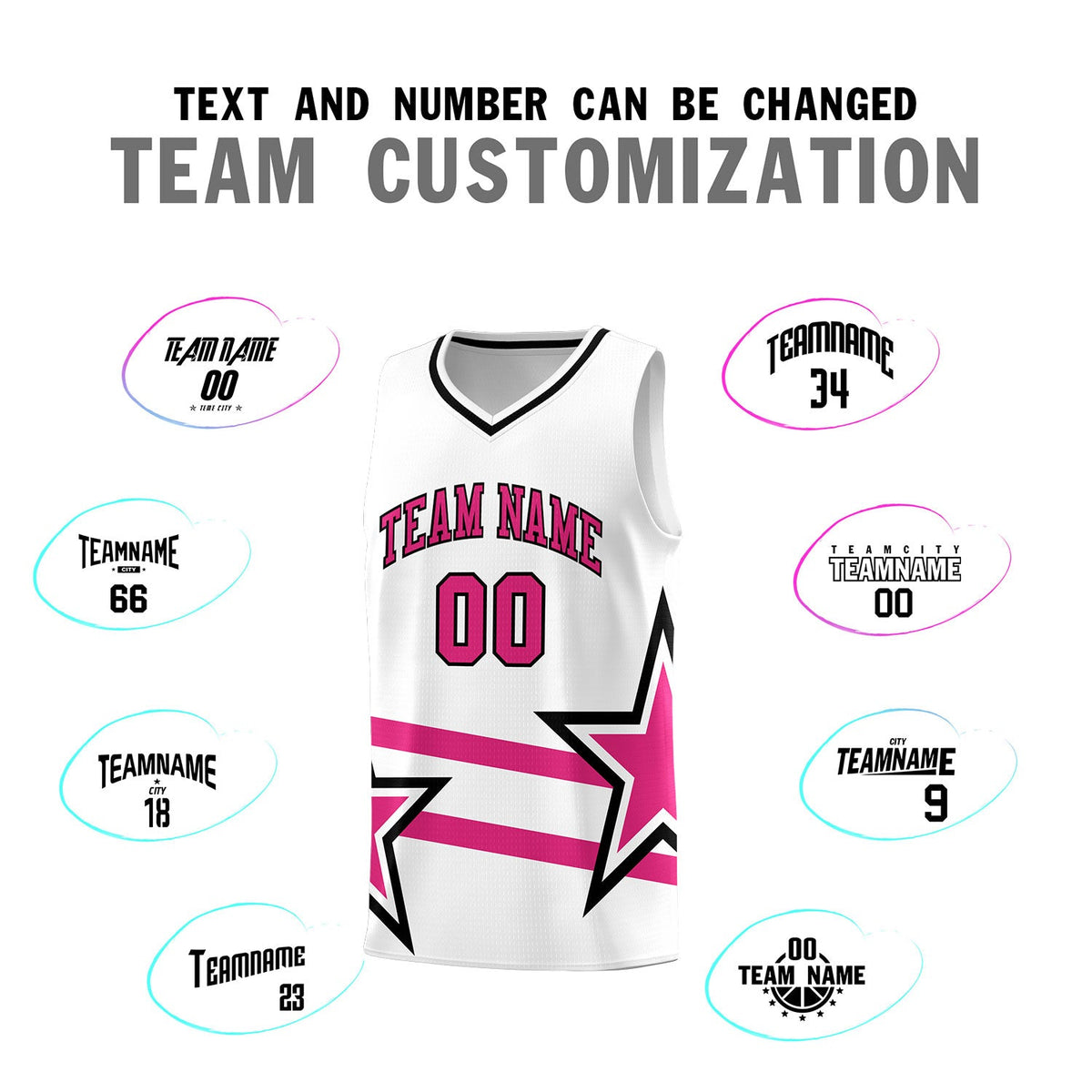 Custom White Basketball Kits With Rose Red Star Pattern And Double Lines