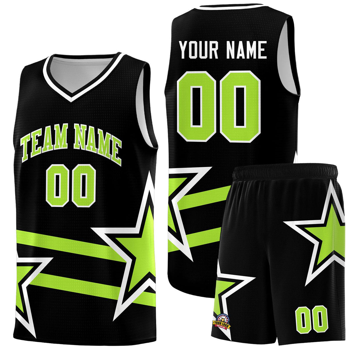 Custom Black Basketball Kits With Neon Green Star Pattern And Double Lines