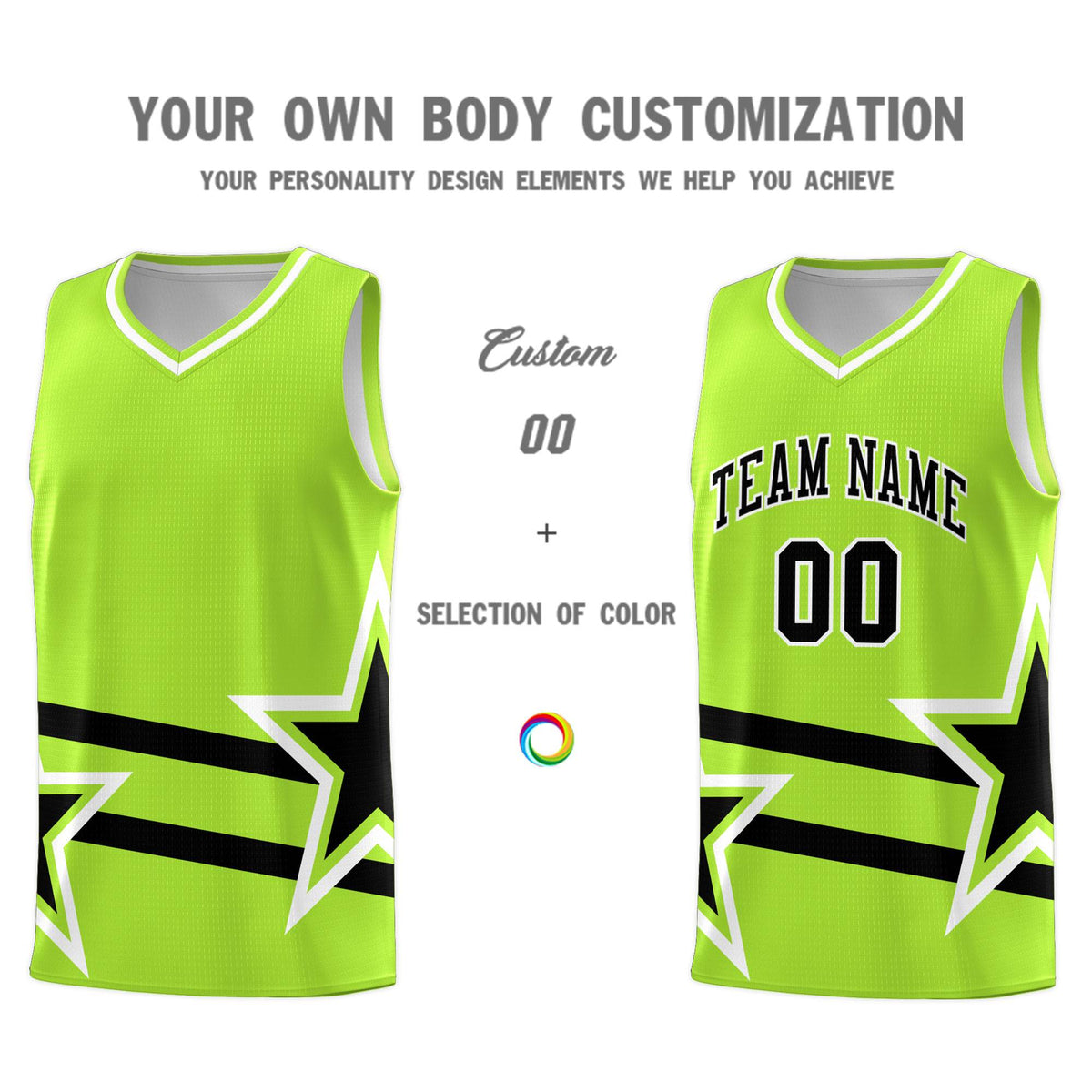 Custom Neon Green Basketball Kits With Black Star Pattern And Double Lines