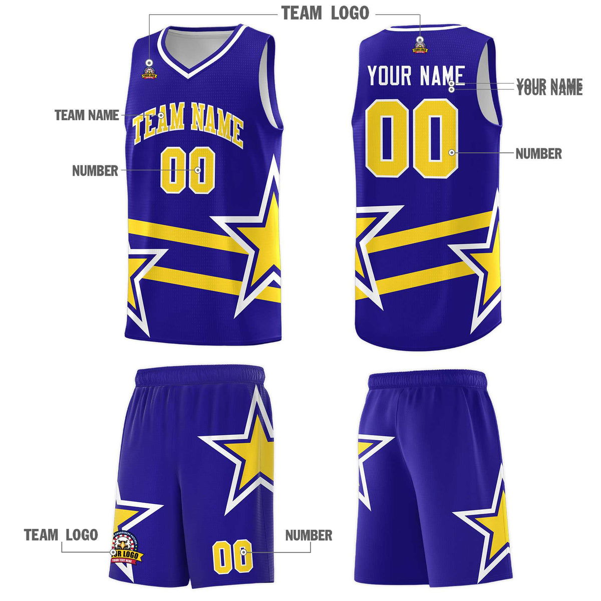 Custom Royal Basketball Kits With Gold Star Pattern And Double Lines