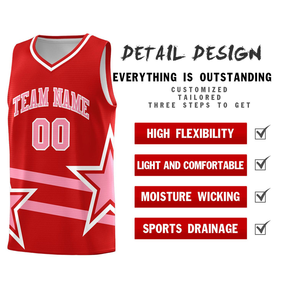 Custom Red Basketball Kits With Light Pink Star Pattern And Double Lines