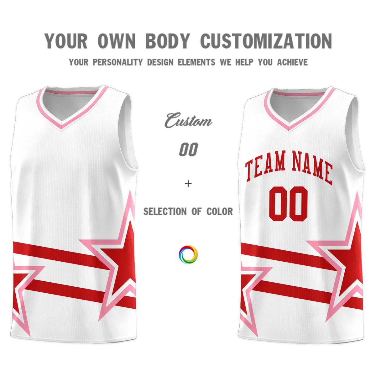 Custom White Basketball Kits With Red Star Pattern And Double Lines