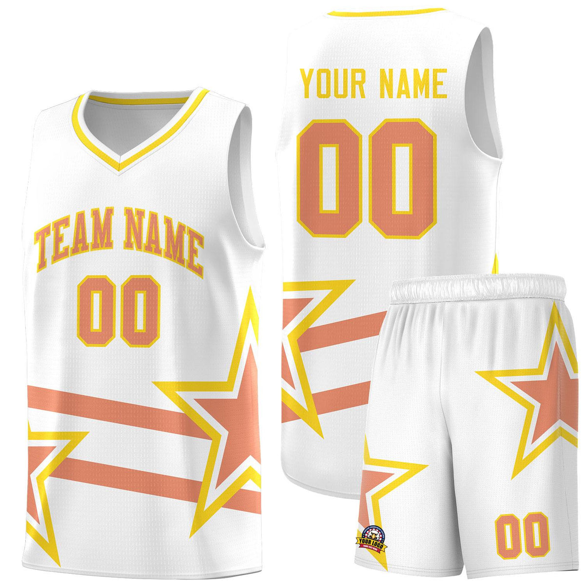 Custom White Basketball Kits With Light Orange Star Pattern And Double Lines