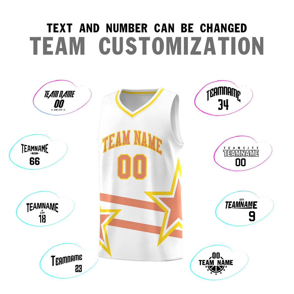 Custom White Basketball Kits With Light Orange Star Pattern And Double Lines