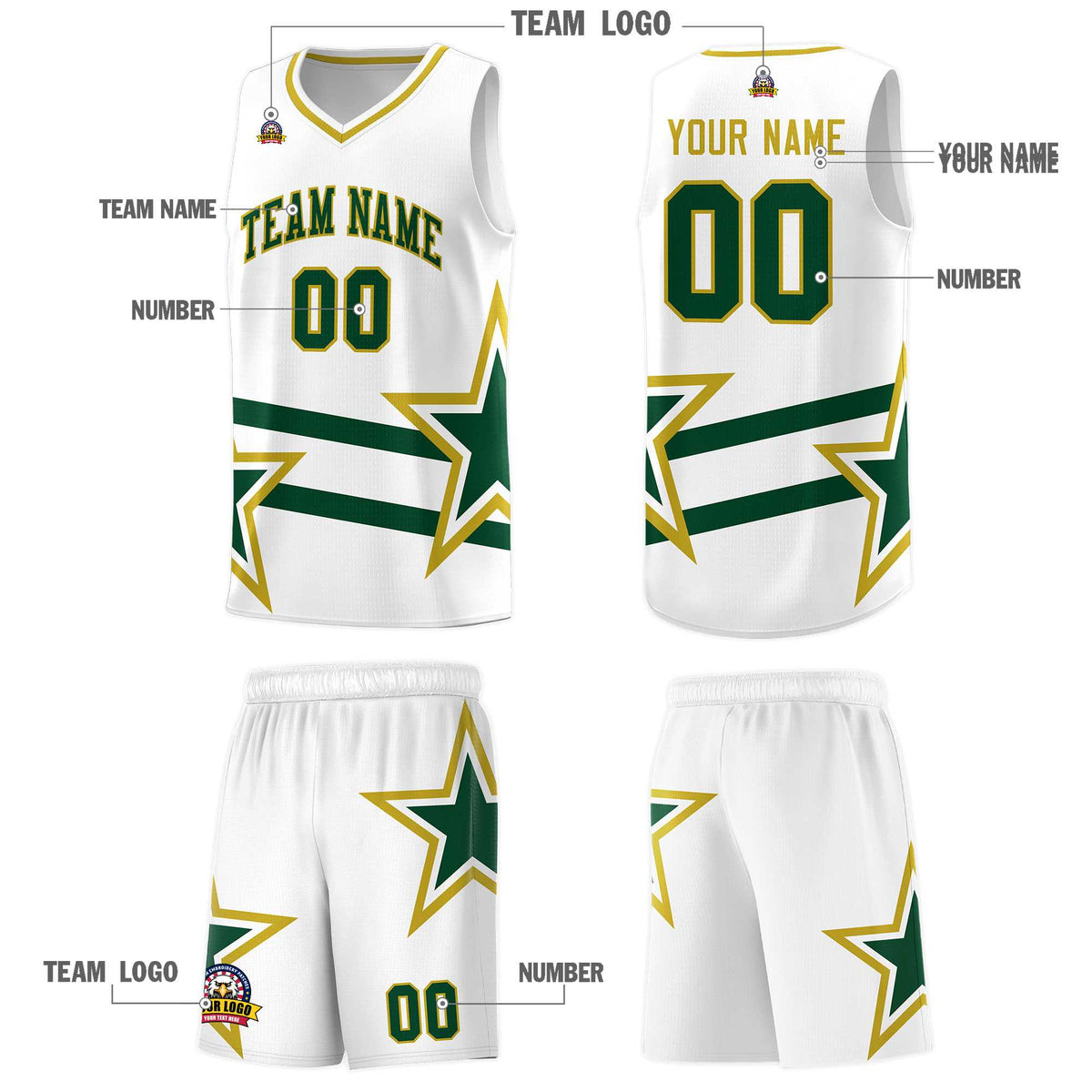 Custom White Basketball Kits With Green Star Pattern And Double Lines