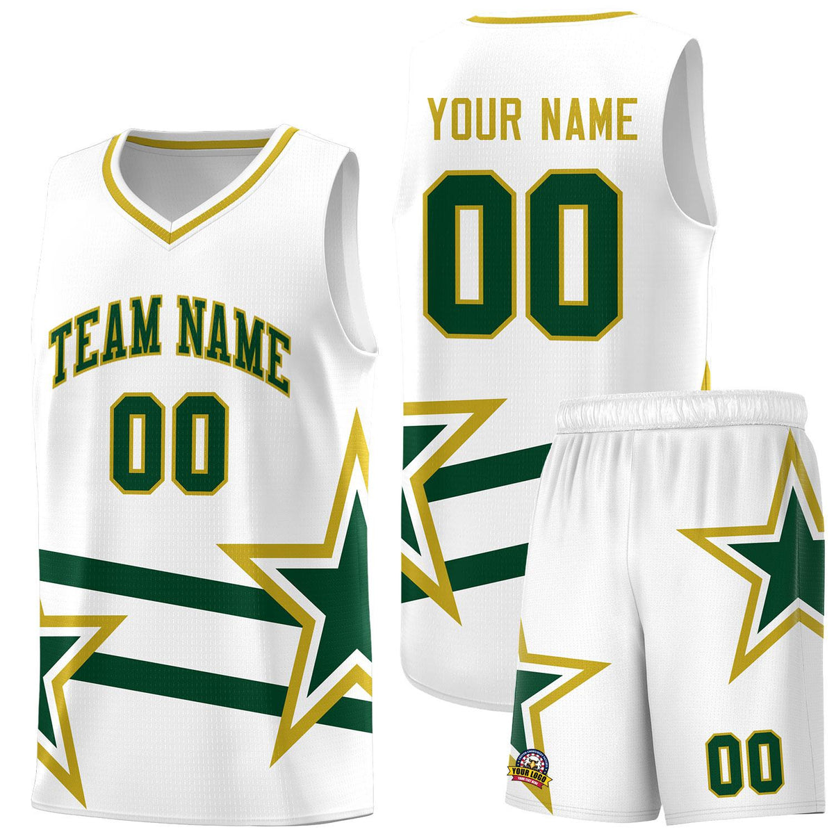 Custom White Basketball Kits With Green Star Pattern And Double Lines