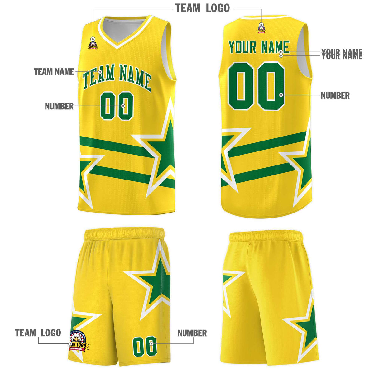 Custom Gold Basketball Kits With Kelly Green Star Pattern And Double Lines