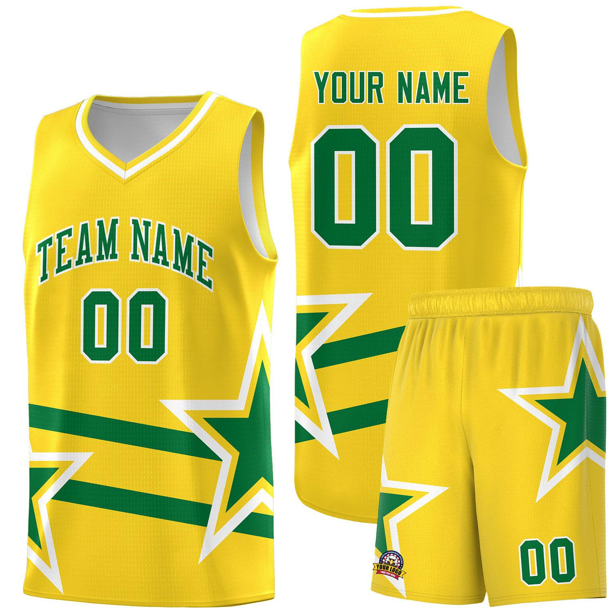 Custom Gold Basketball Kits With Kelly Green Star Pattern And Double Lines