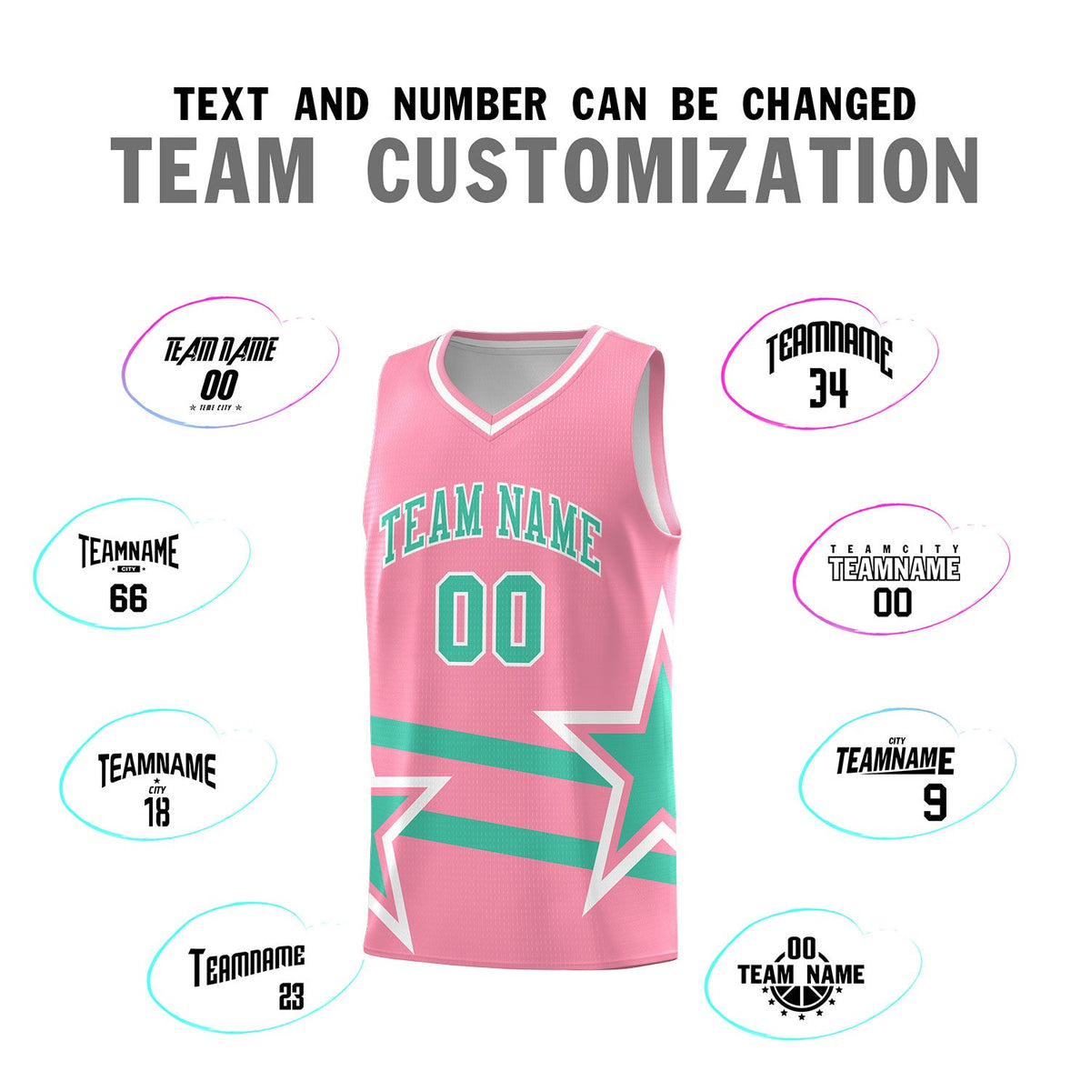 Custom Light Pink Basketball Kits With Bright Green Star Pattern And Double Lines