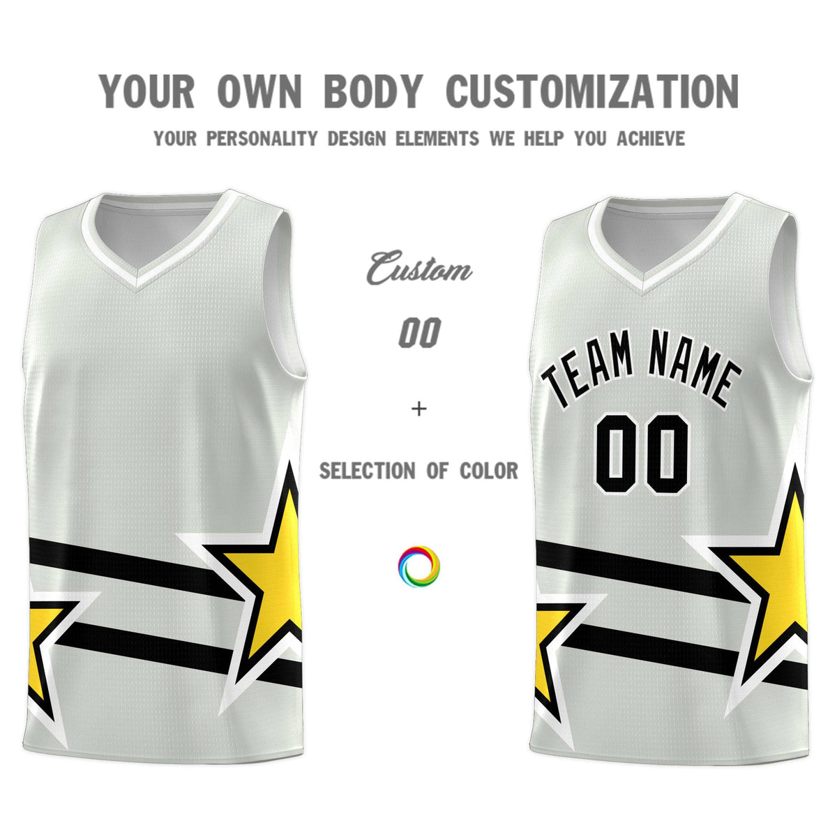 Custom Gray Basketball Kits With Gold Star Pattern And Double Lines