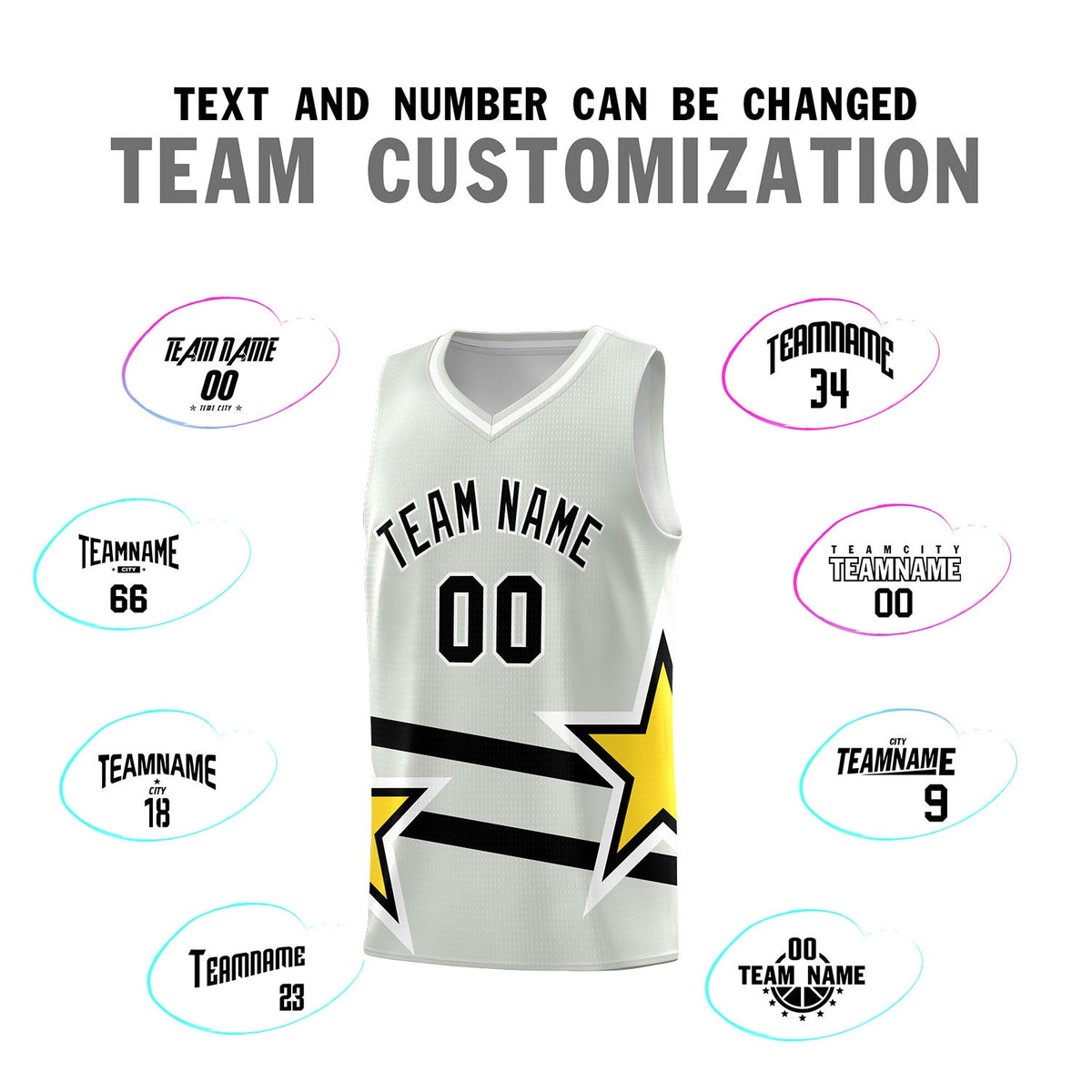 Custom Gray Basketball Kits With Gold Star Pattern And Double Lines