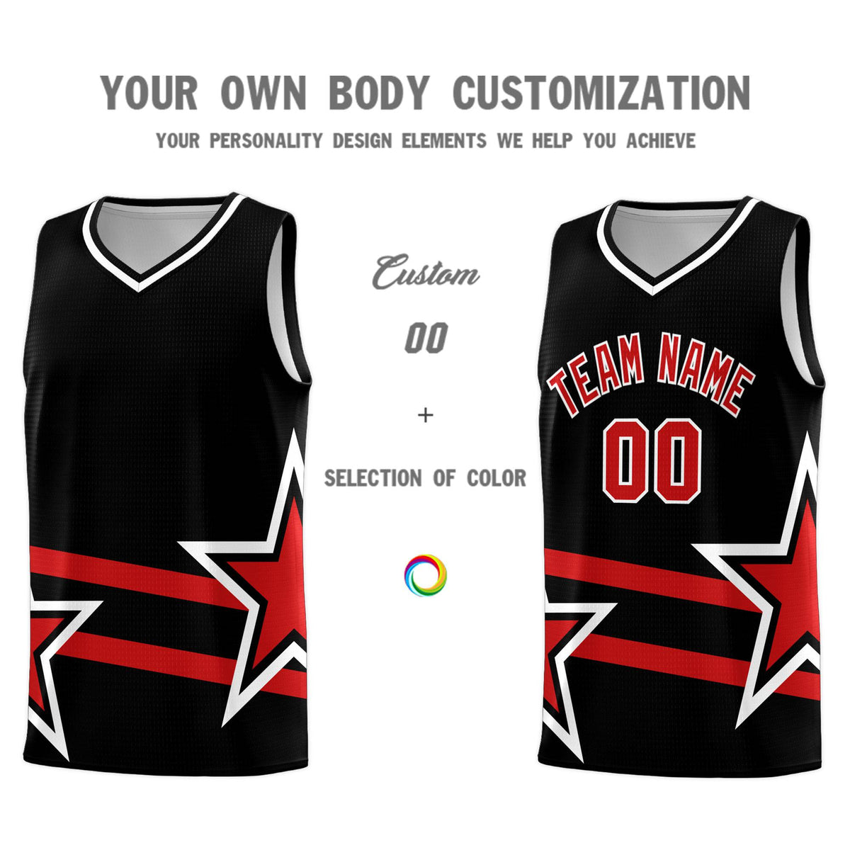 Custom Black Basketball Kits With Red Star Pattern And Double Lines