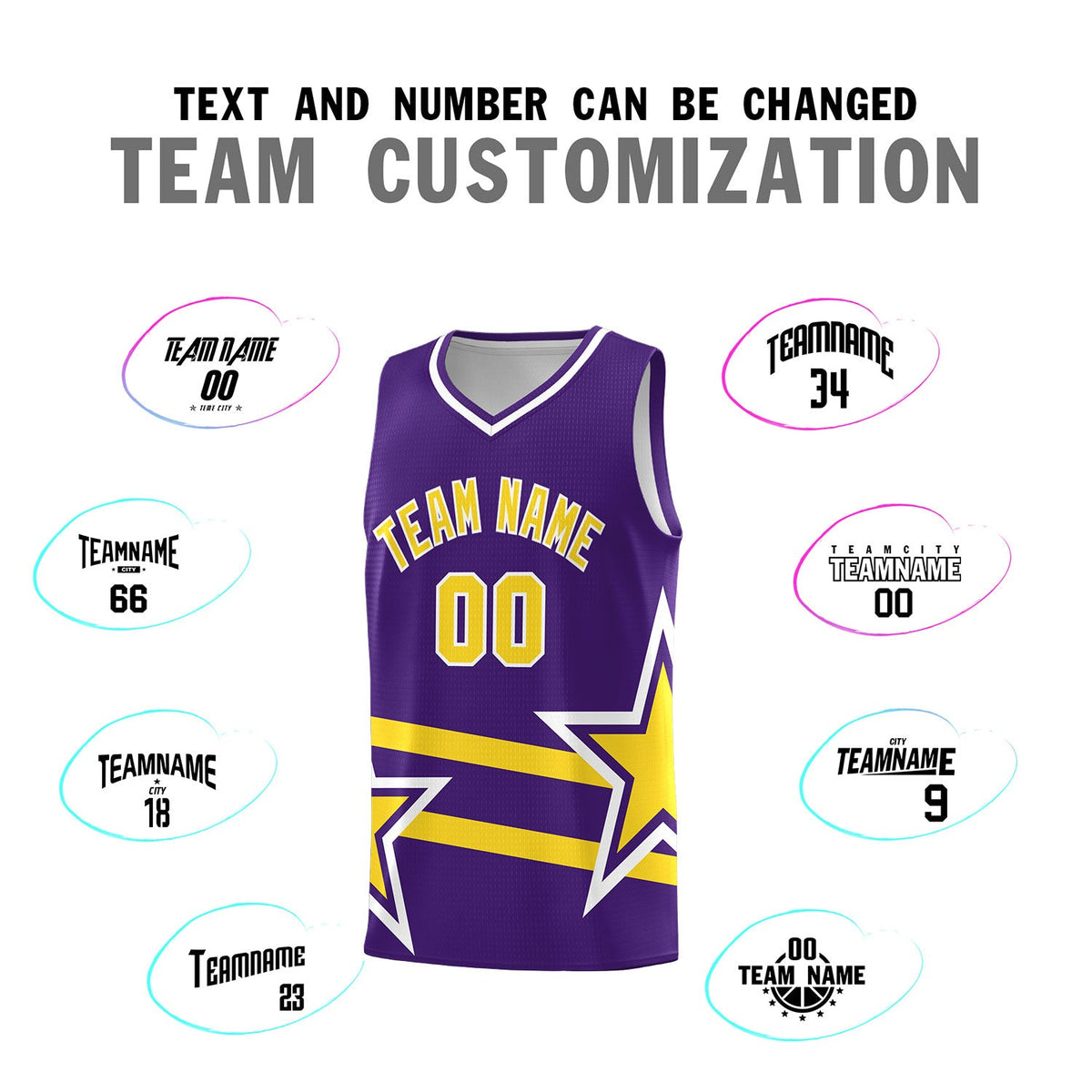 Custom Purple Basketball Kits With Gold Star Pattern And Double Lines