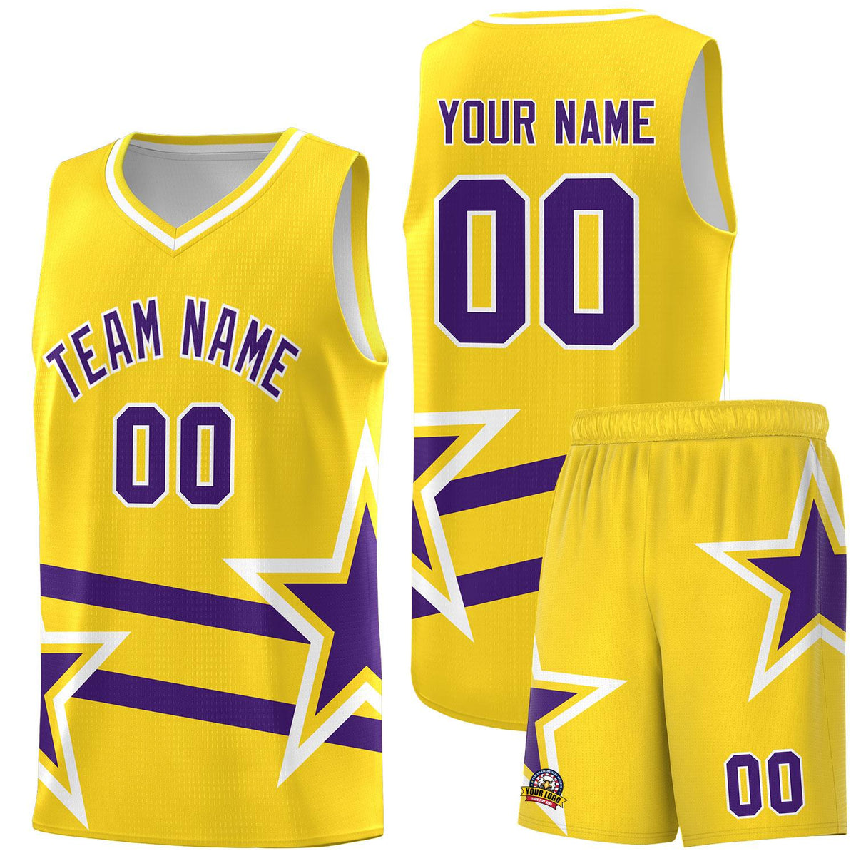 Custom Gold Basketball Kits With Purple Star Pattern And Double Lines