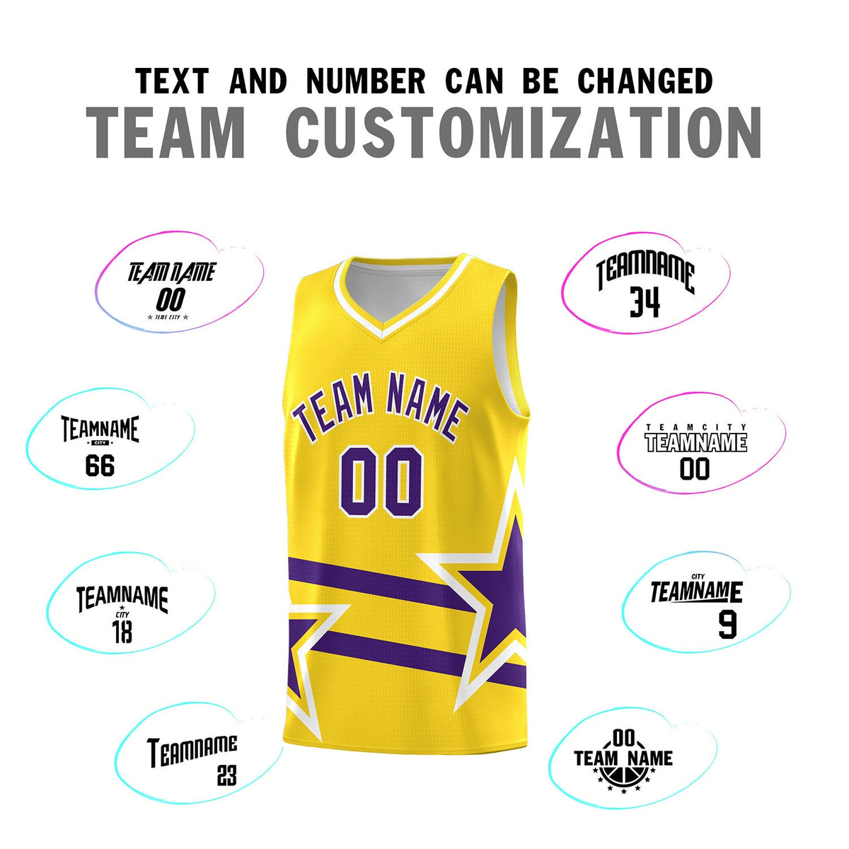 Custom Gold Basketball Kits With Purple Star Pattern And Double Lines