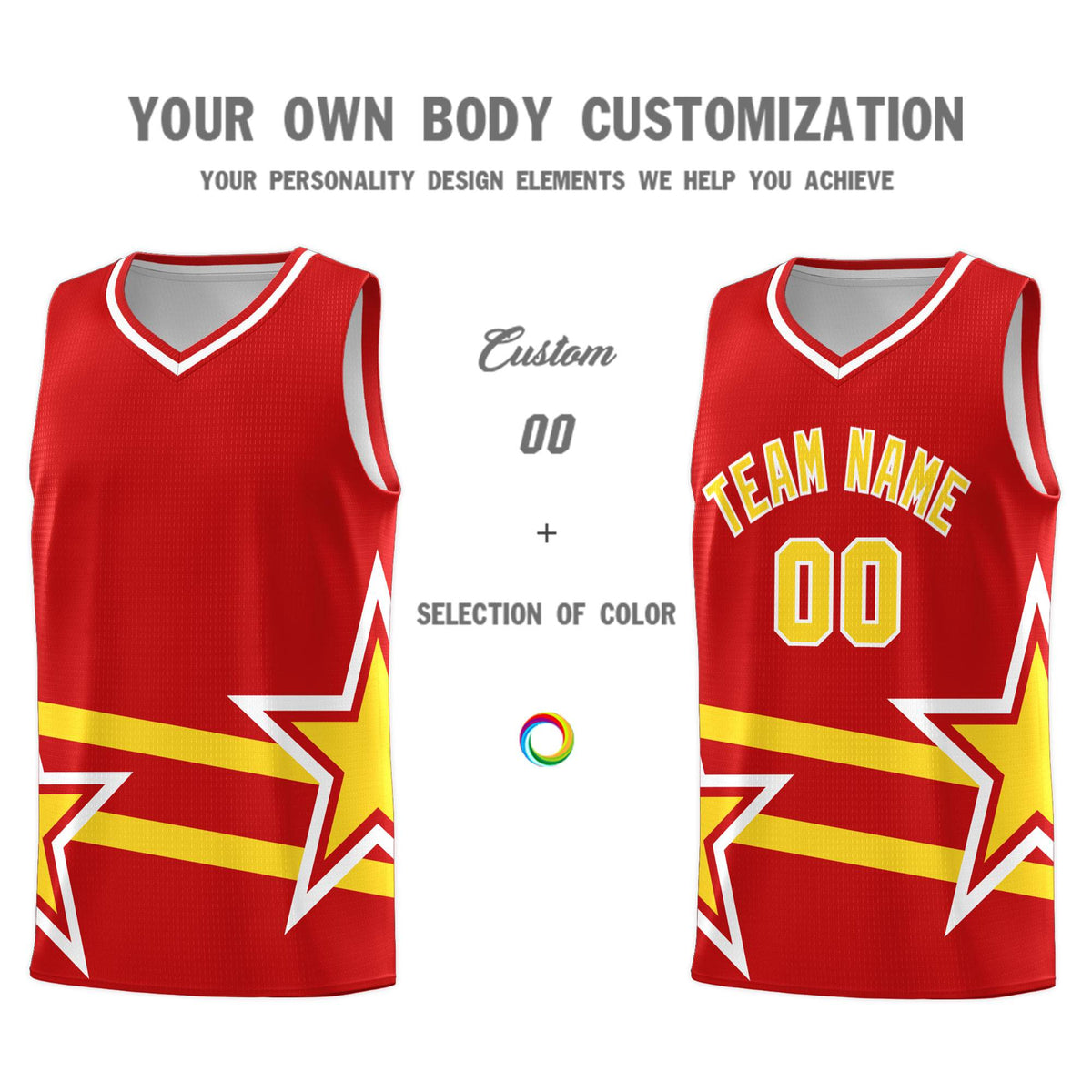 Custom Red Basketball Kits With Gold Star Pattern And Double Lines