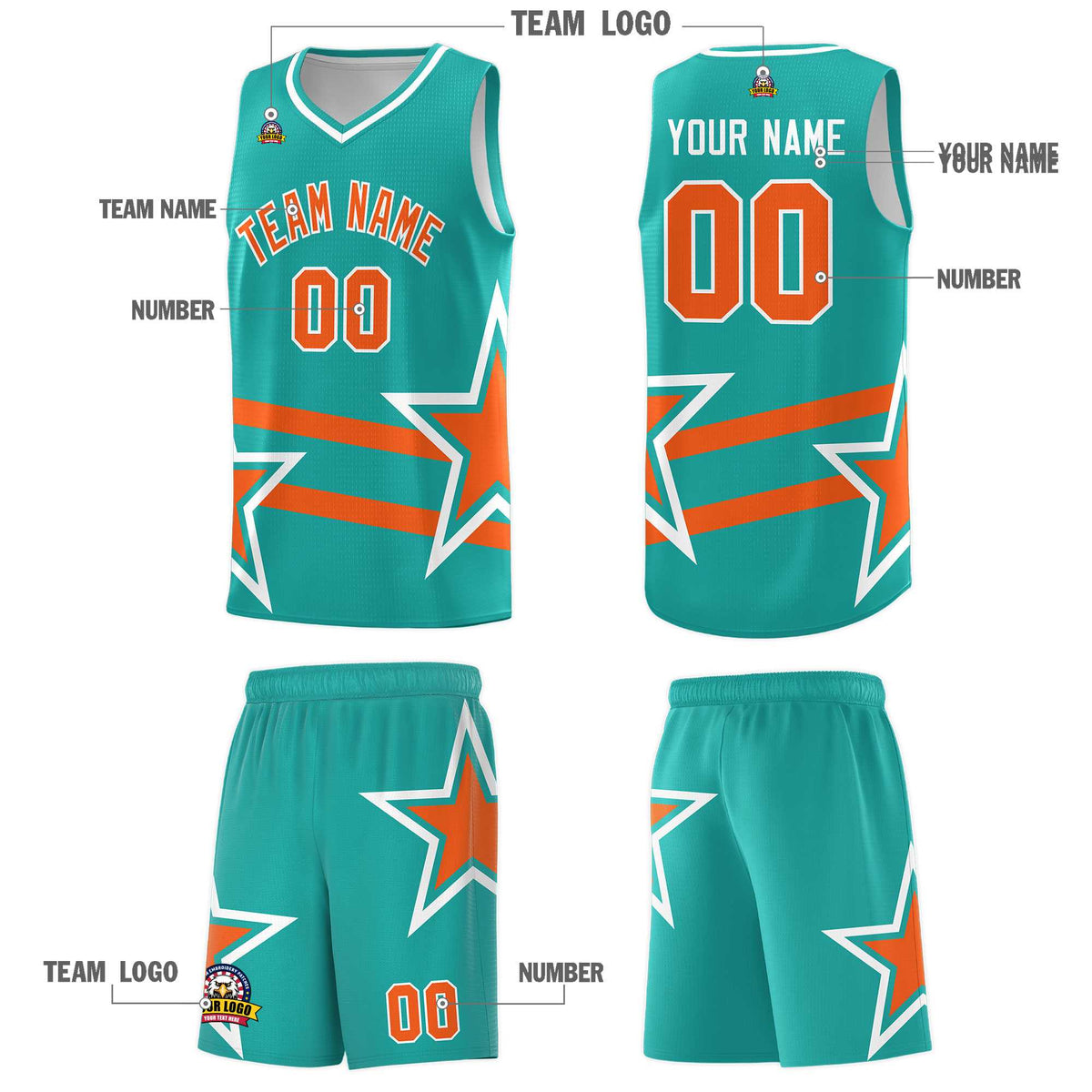 Custom Aqua Basketball Kits With Orange Star Pattern And Double Lines