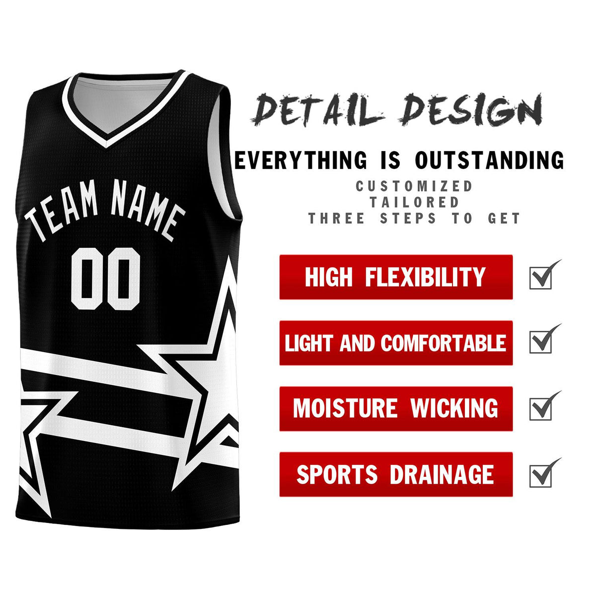 Custom Black Basketball Kits With White Star Pattern And Double Lines