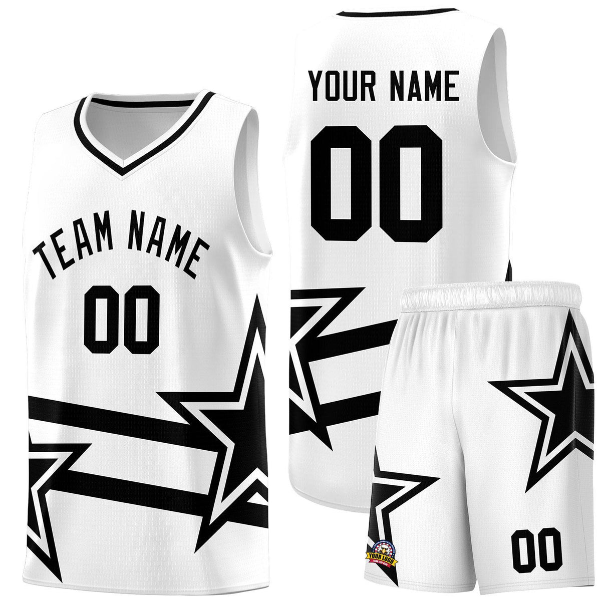 Custom White Basketball Kits With Black Star Pattern And Double Lines