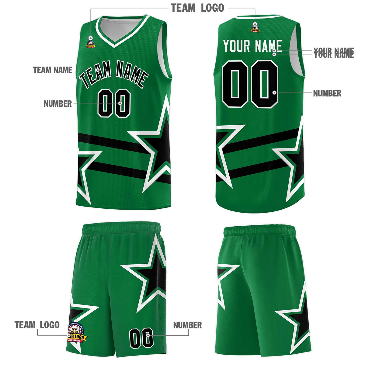 Custom Kelly Green Basketball Kits With Black Star Pattern And Double Lines