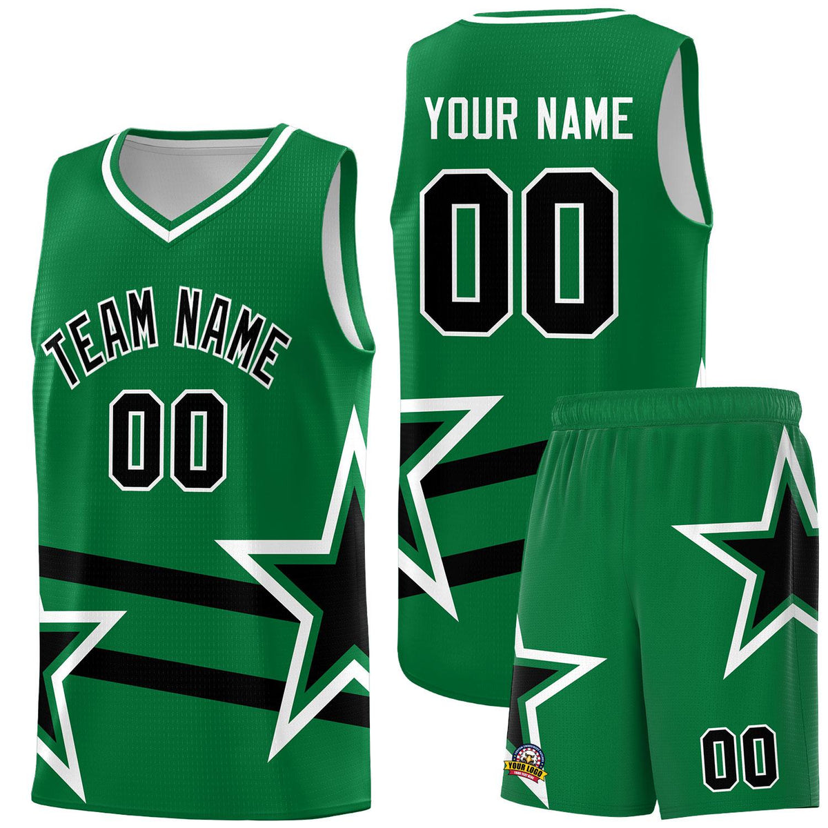 Custom Kelly Green Basketball Kits With Black Star Pattern And Double Lines