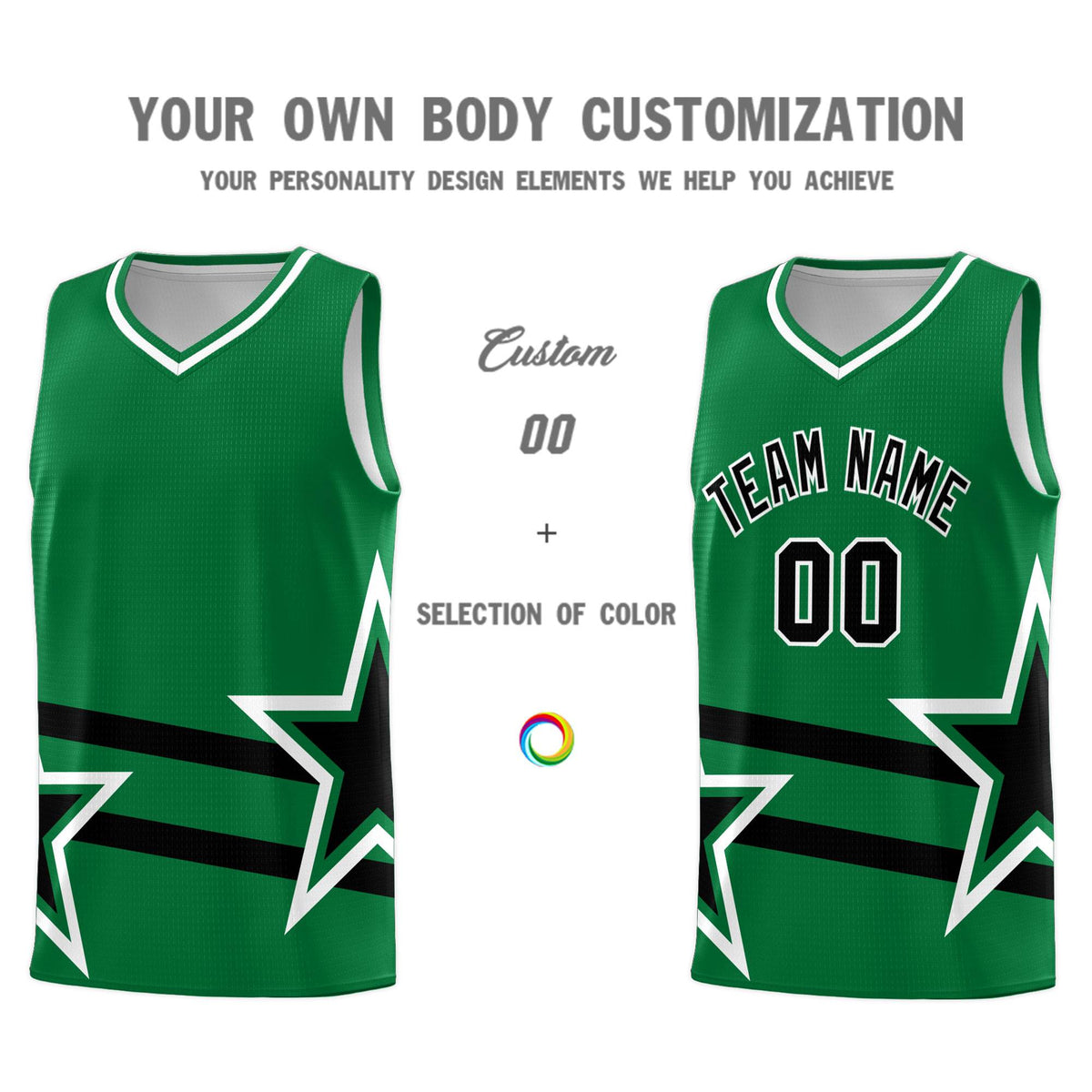 Custom Kelly Green Basketball Kits With Black Star Pattern And Double Lines