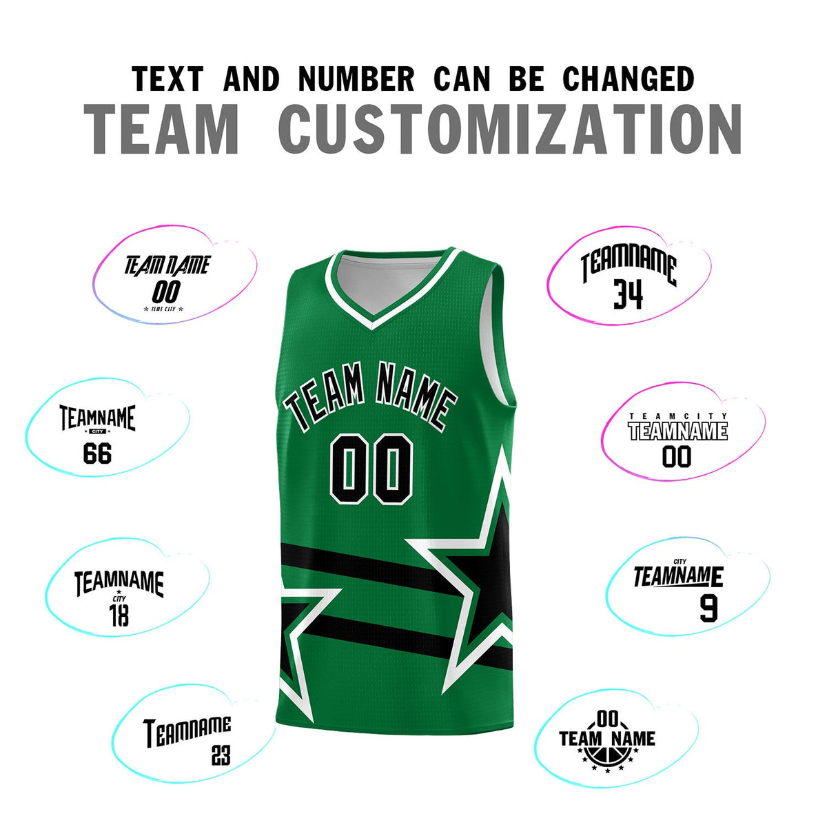 Custom Kelly Green Basketball Kits With Black Star Pattern And Double Lines