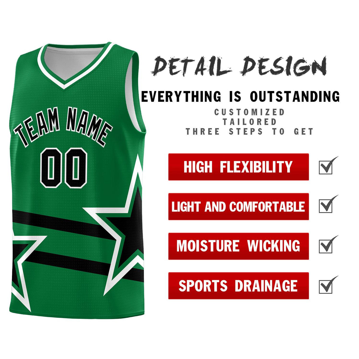 Custom Kelly Green Basketball Kits With Black Star Pattern And Double Lines