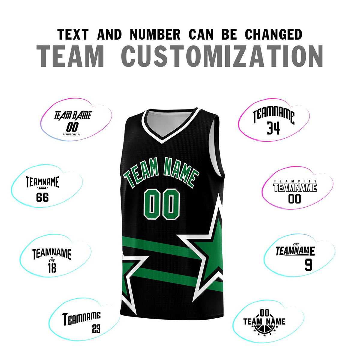 Custom Black Basketball Kits With Kelly Green Star Pattern And Double Lines