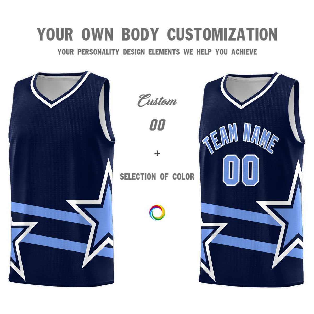Custom Navy Basketball Kits With Light Blue Star Pattern And Double Lines