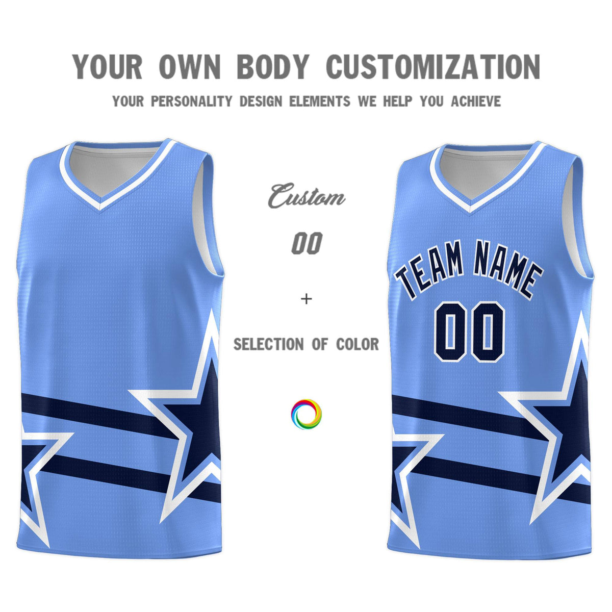 Custom Light Blue Basketball Kits With Navy Star Pattern And Double Lines