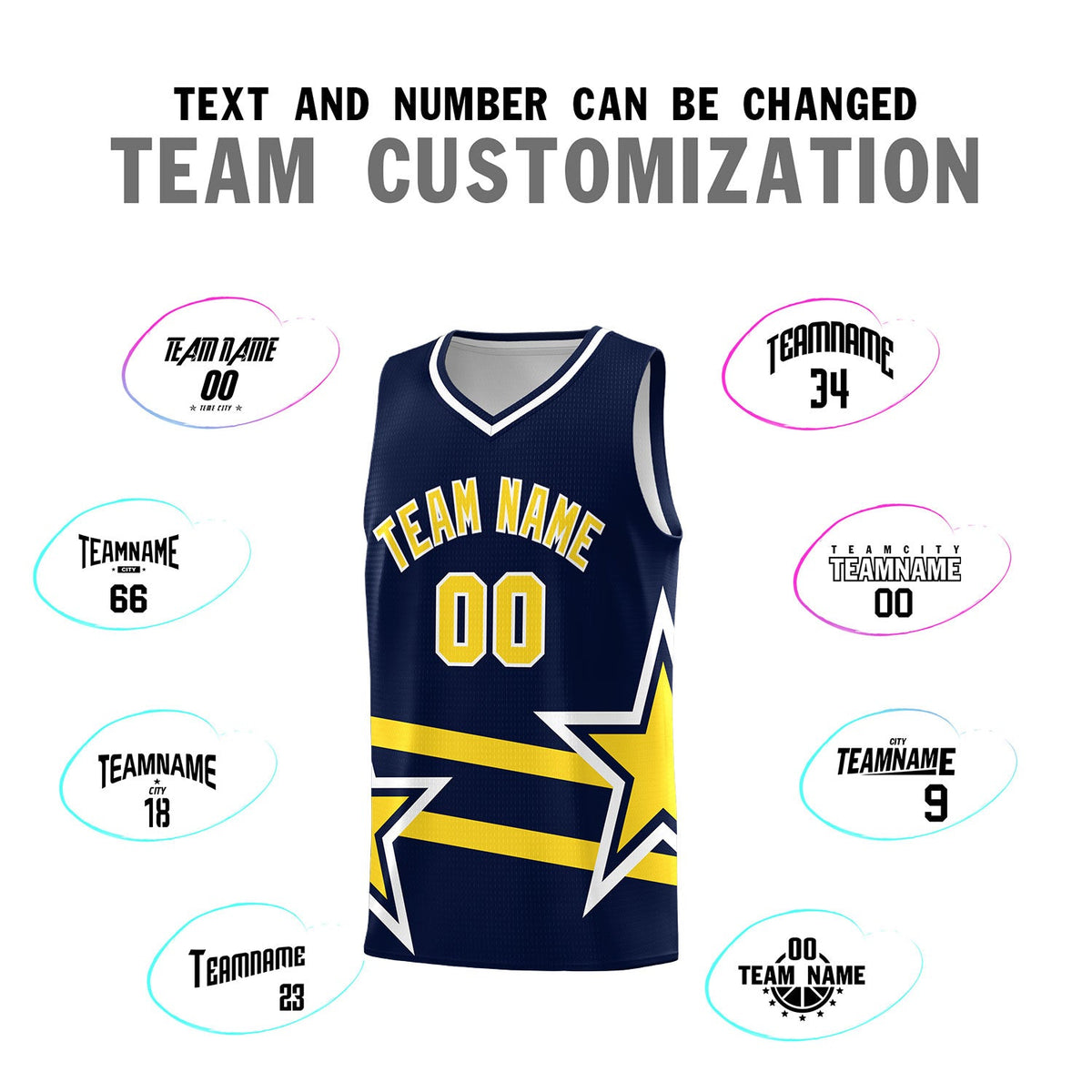 Custom Navy Basketball Kits With Gold Star Pattern And Double Lines