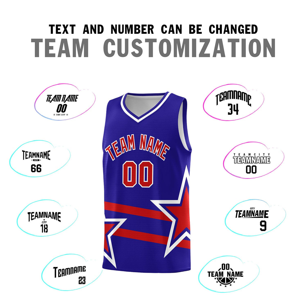 Custom Royal Basketball Kits With Red Star Pattern And Double Lines