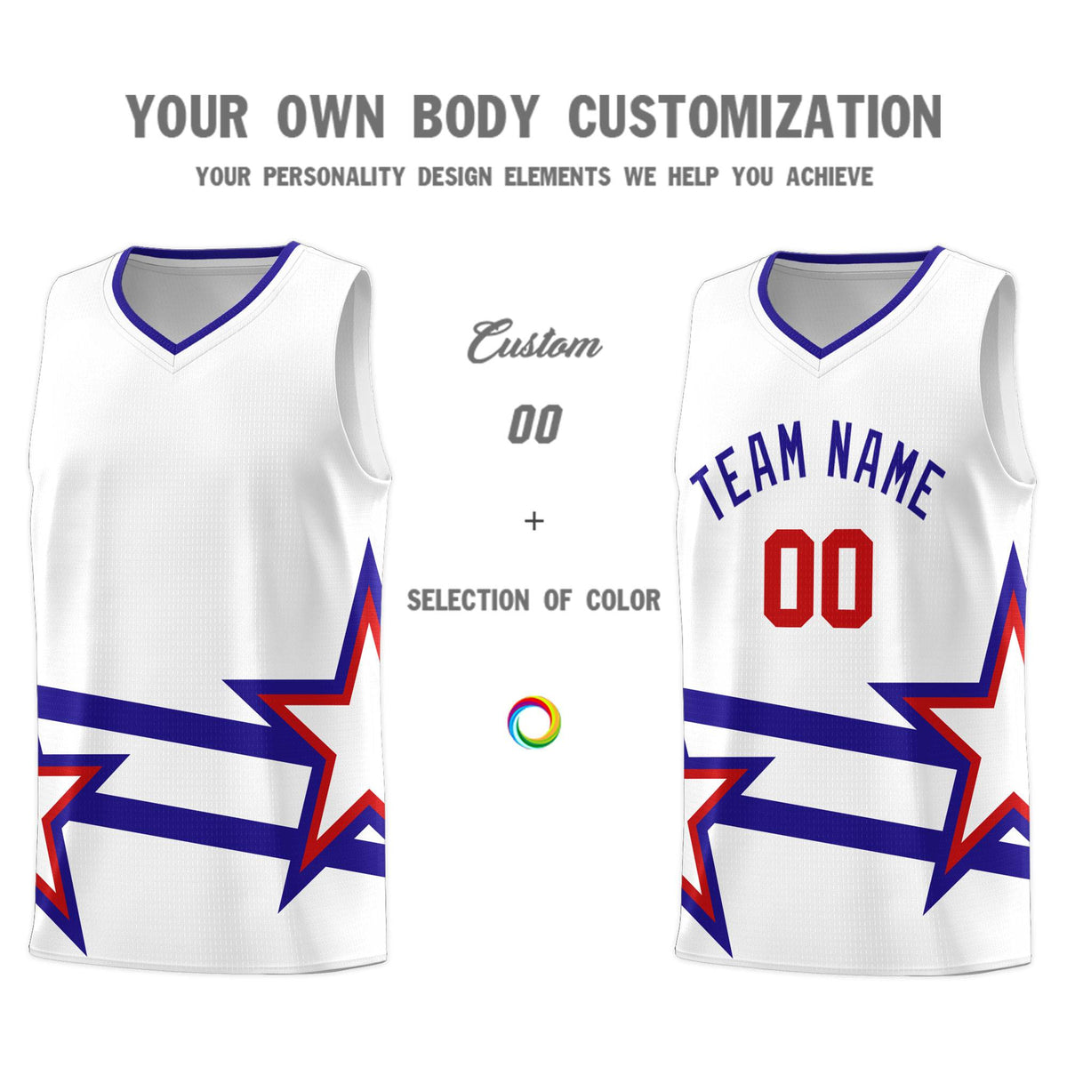 Custom Red Basketball Kits With Royal Star Pattern And Double Lines