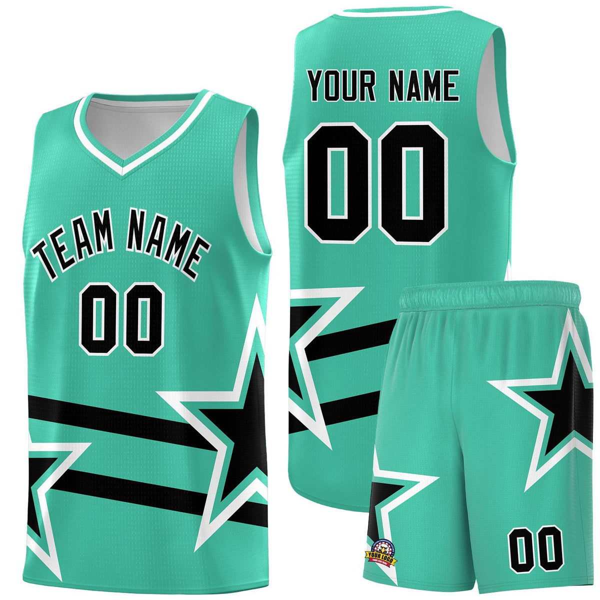 Custom Bright Green Basketball Kits With Black Star Pattern And Double Lines
