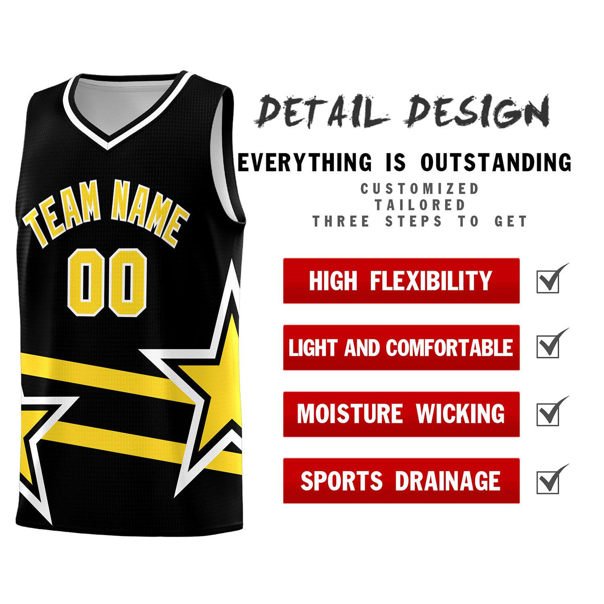 Custom Black Basketball Kits With Gold Star Pattern And Double Lines