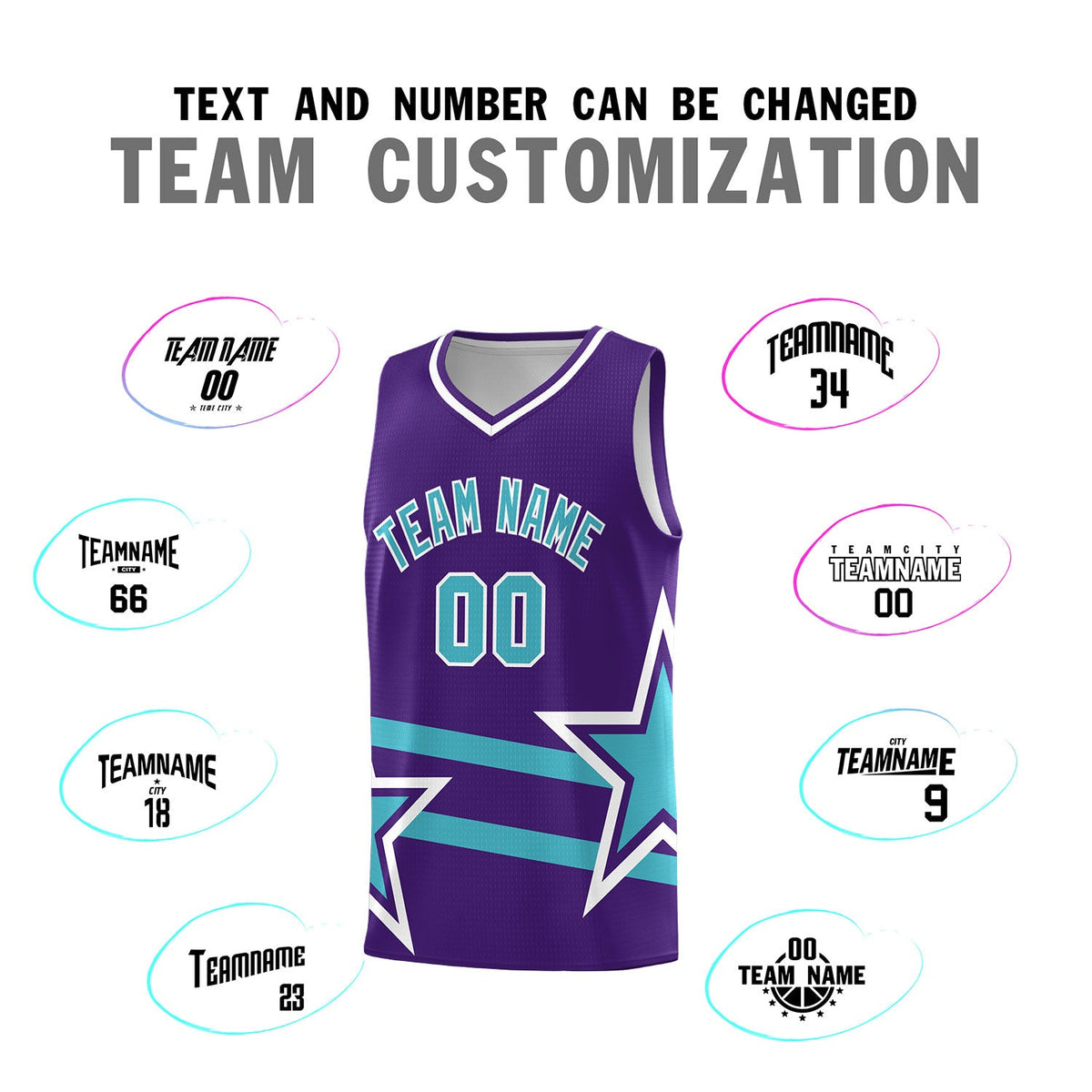 Custom Purple Basketball Kits With Sky Blue Star Pattern And Double Lines