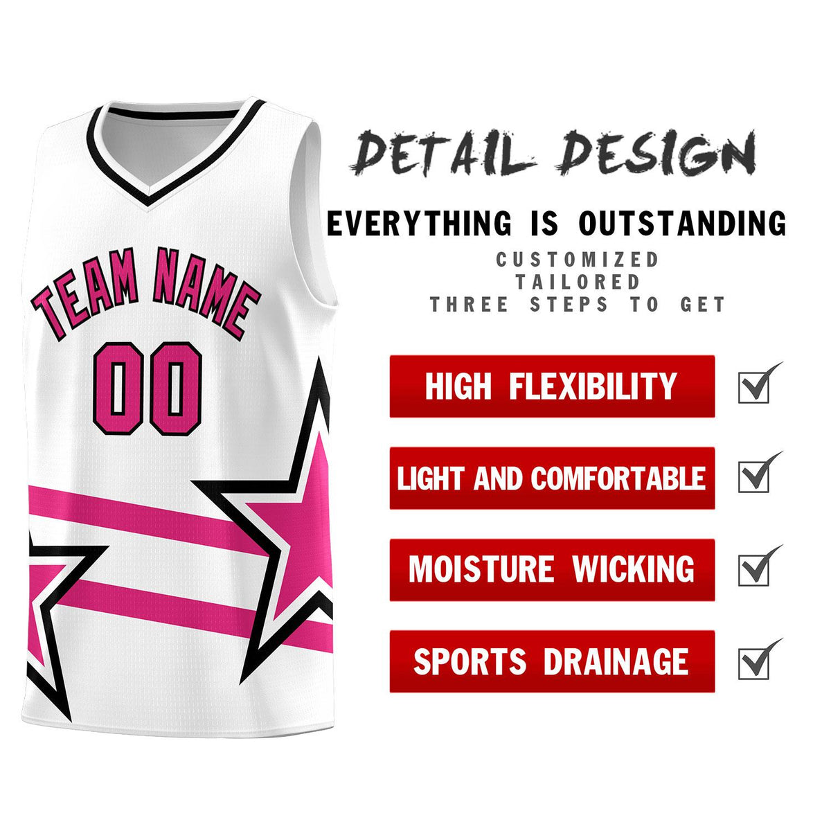 Custom White Basketball Kits With Rose Red Star Pattern And Double Lines