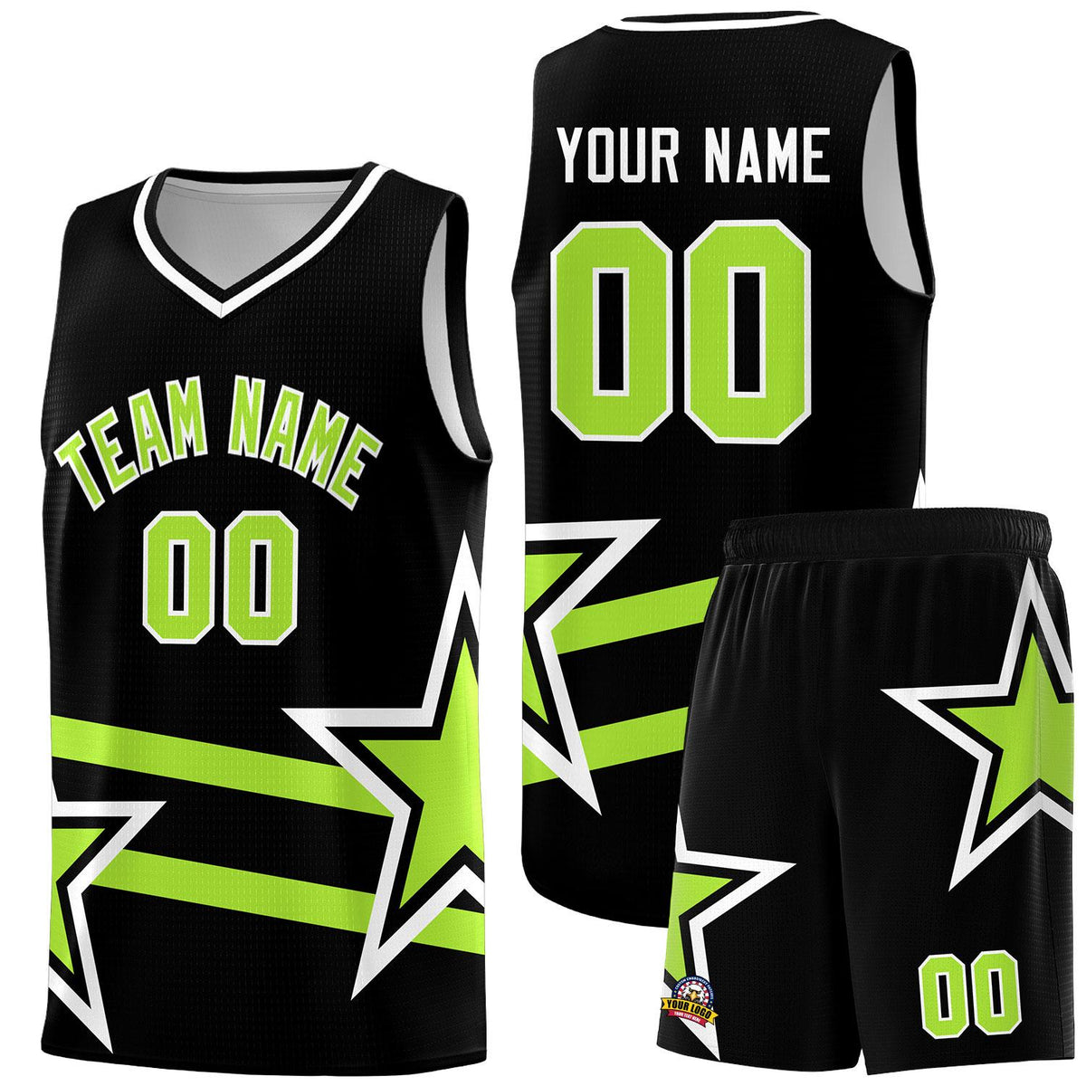Custom Black Basketball Kits With Neon Green Star Pattern And Double Lines