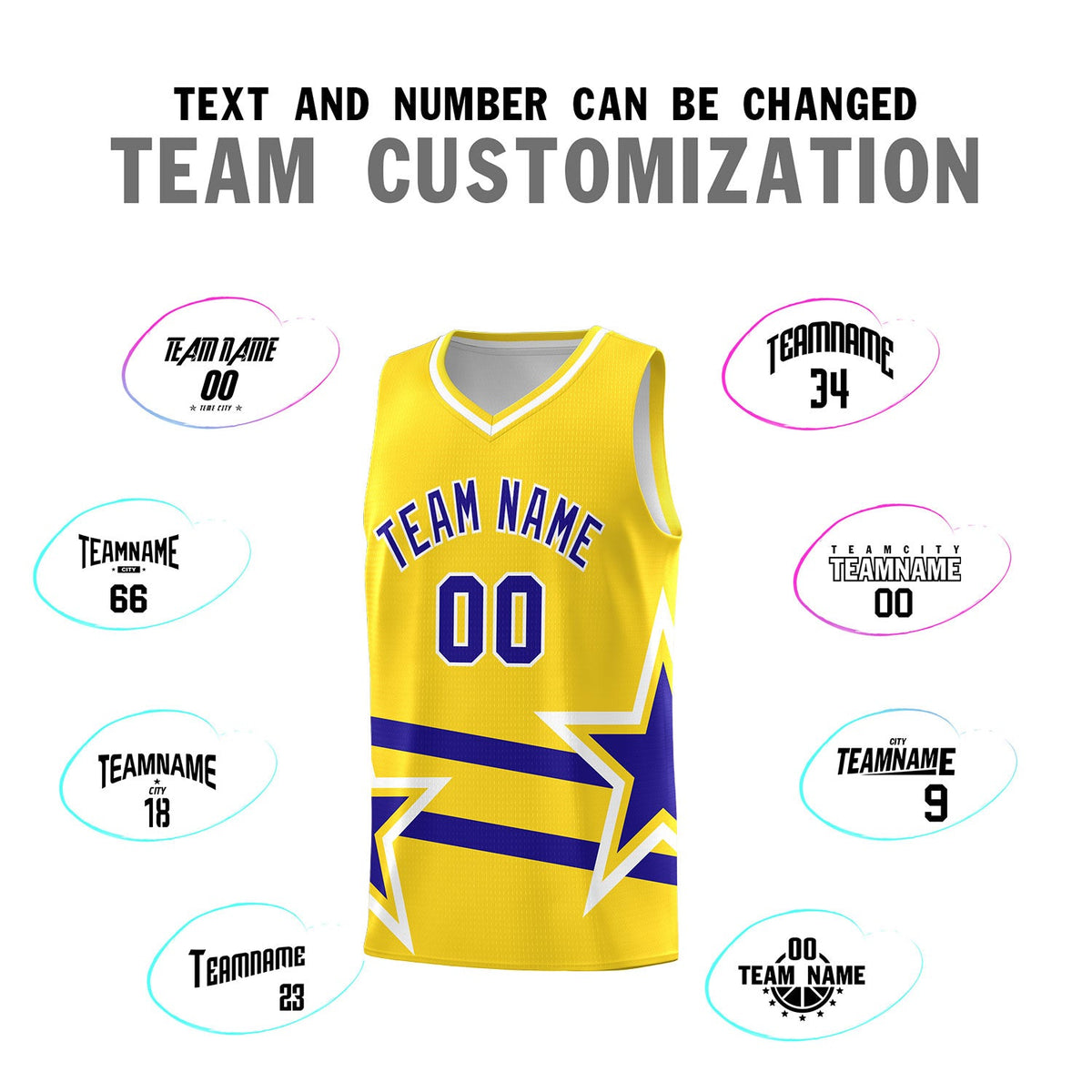 Custom Gold Basketball Kits With Royal Star Pattern And Double Lines