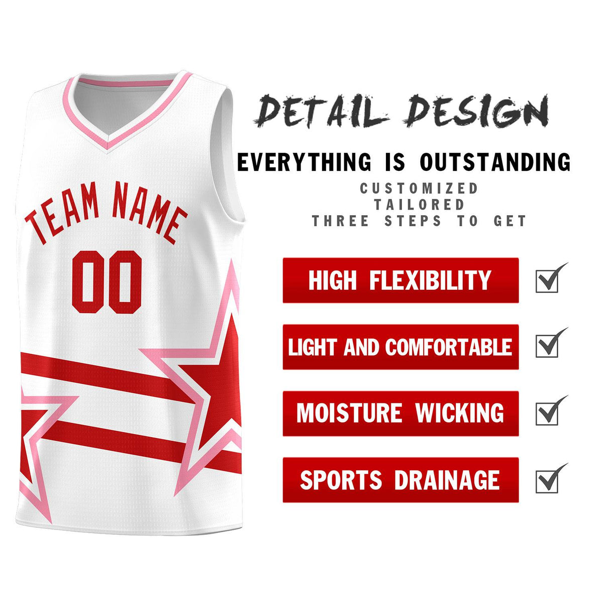 Custom White Basketball Kits With Red Star Pattern And Double Lines