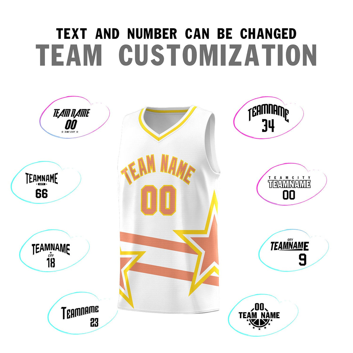 Custom White Basketball Kits With Light Orange Star Pattern And Double Lines