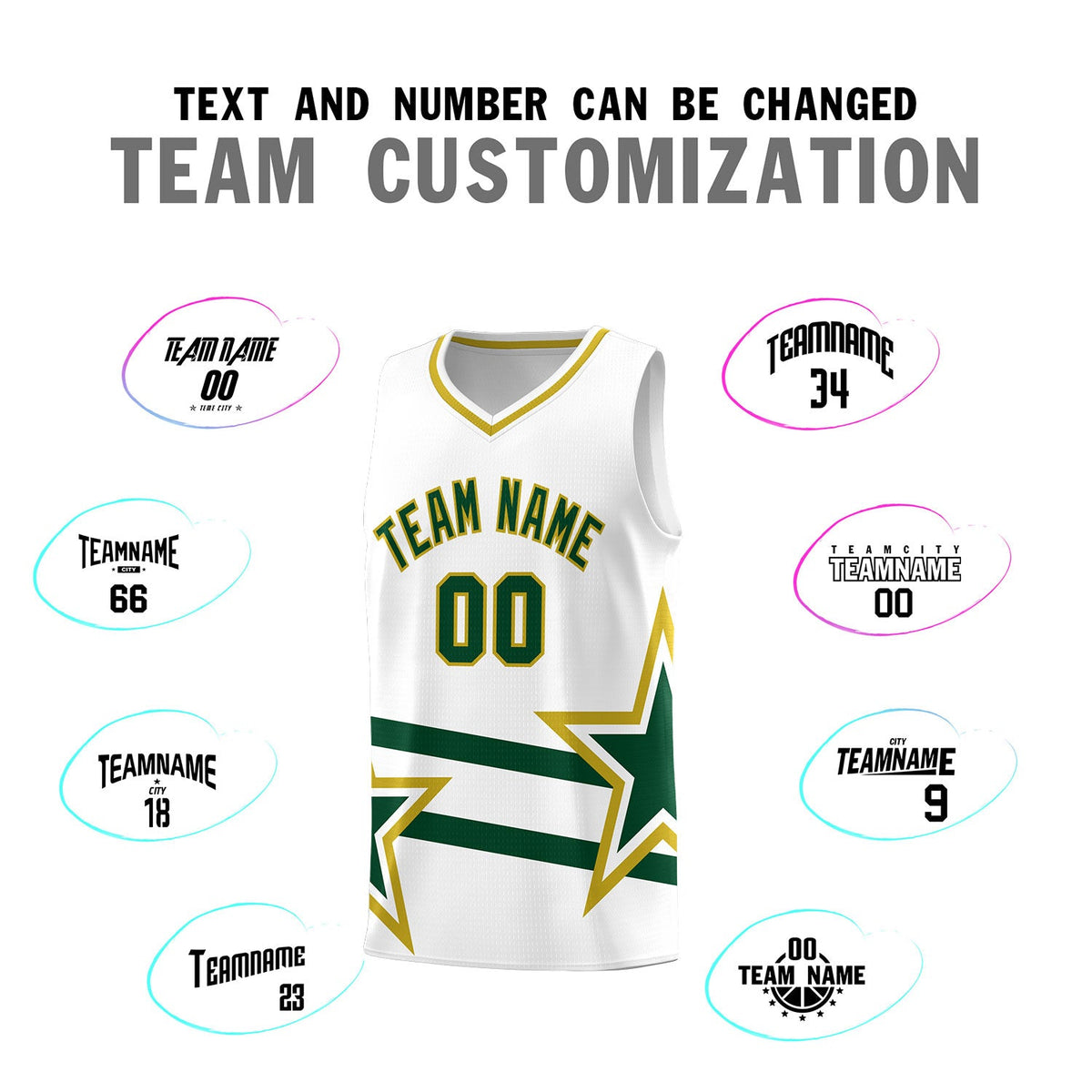Custom White Basketball Kits With Green Star Pattern And Double Lines