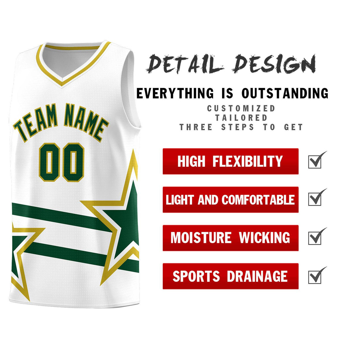 Custom White Basketball Kits With Green Star Pattern And Double Lines